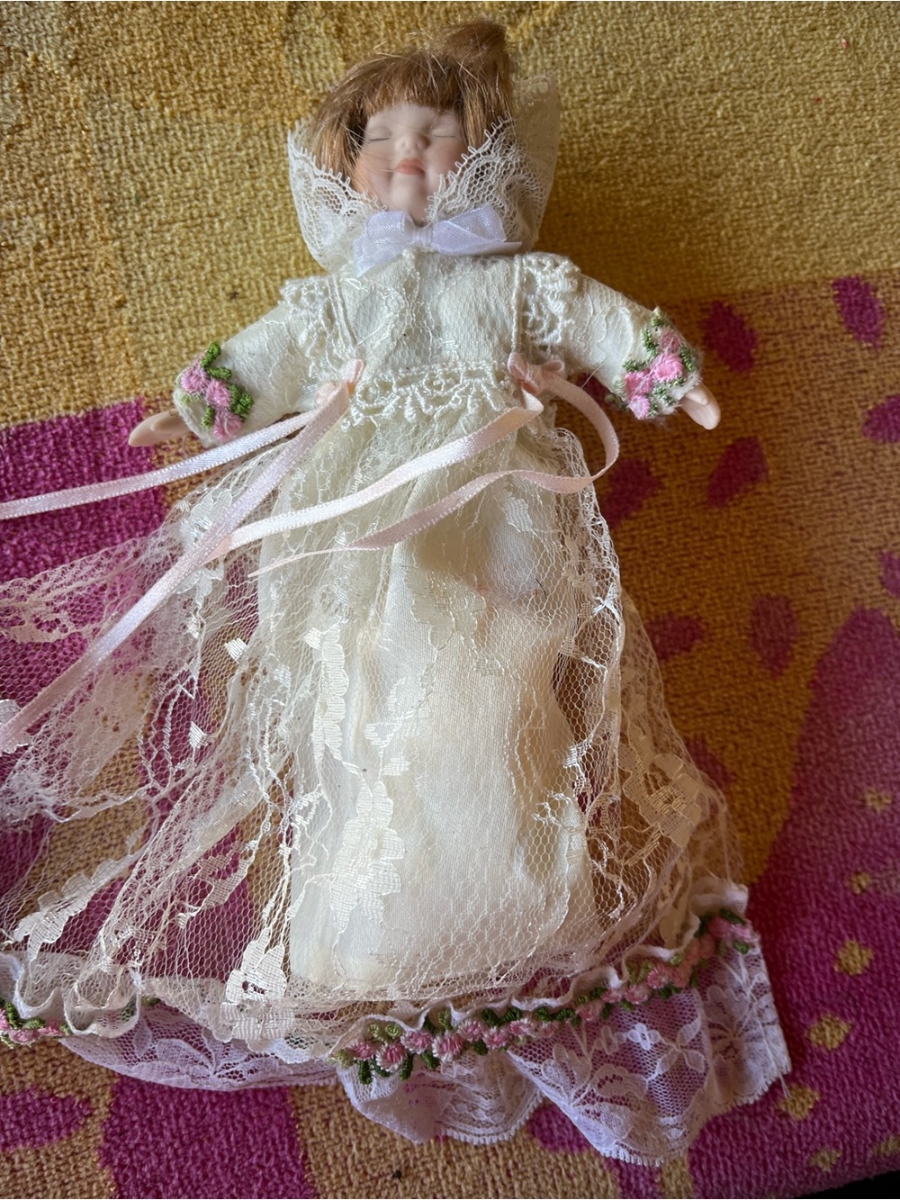 Porcelain Angel Doll in Ivory Lace Gown with Pink Trim